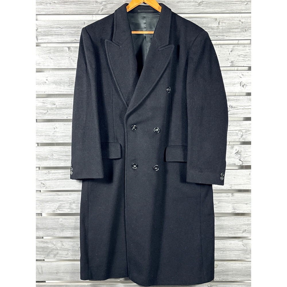 Vtg Adams Row Double Breasted Wool Cashmere Overcoat Black Trench Coat Mens 40
